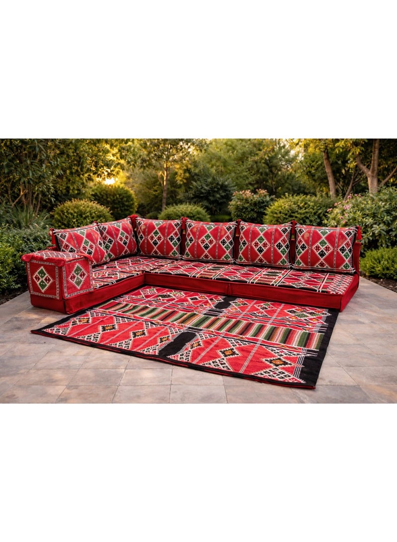 Xboat Arabic Traditional L-Shape Majlis Sofa Set with Matching Carpet, Red Geometric Design, Floor Seating Furniture - Image 1